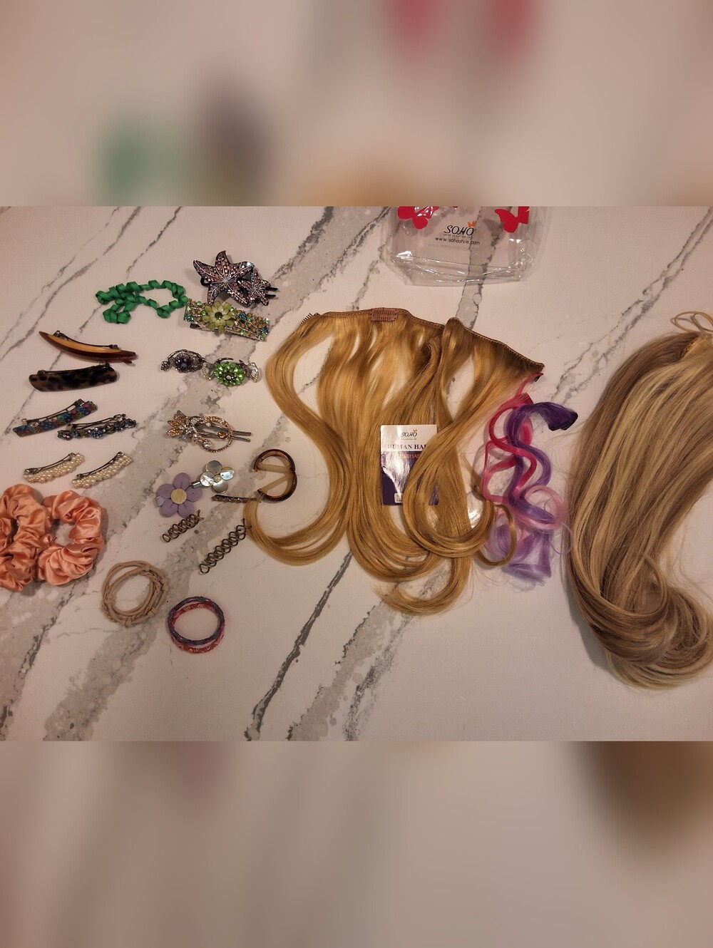 Human Hair Extensions, Rhinestone Barrettes, Synthetic Clip On Ponytail